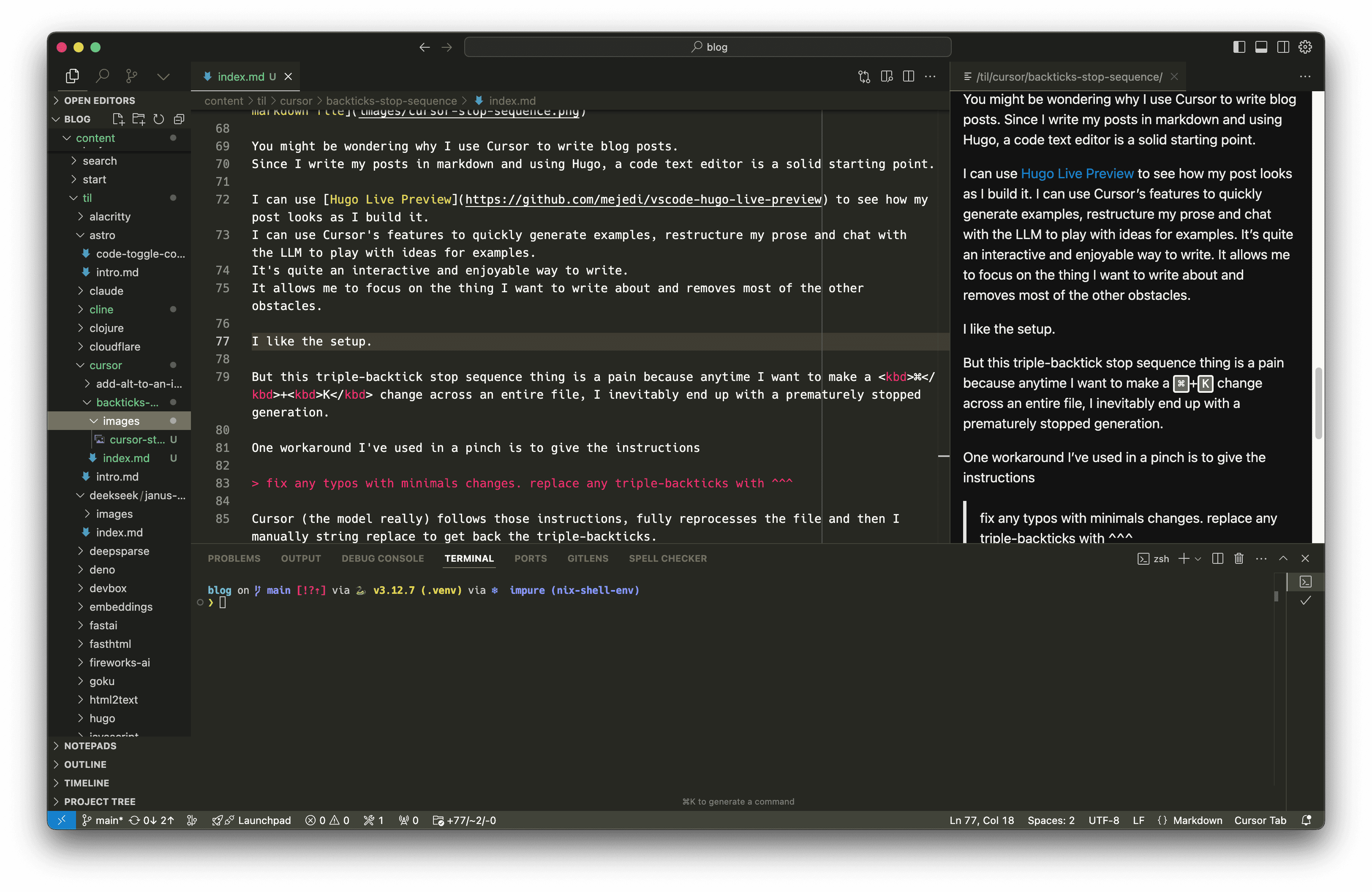 Screenshot showing Cursor's editor interface with Hugo Live Preview panel open, demonstrating the integrated development environment for writing blog posts