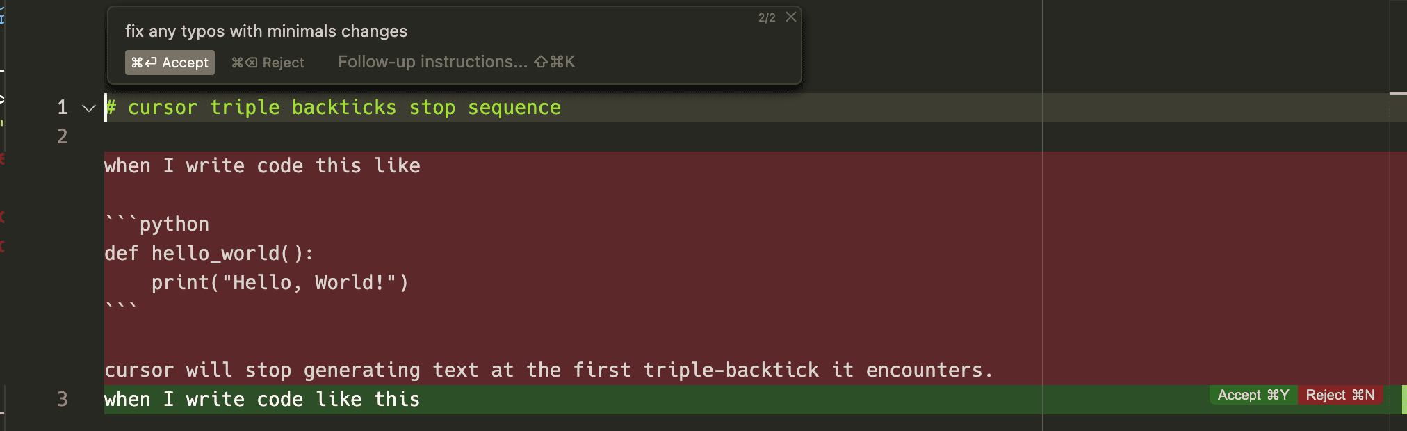 Screenshot showing Cursor's chat interface stopping generation at a triple backtick in a markdown file