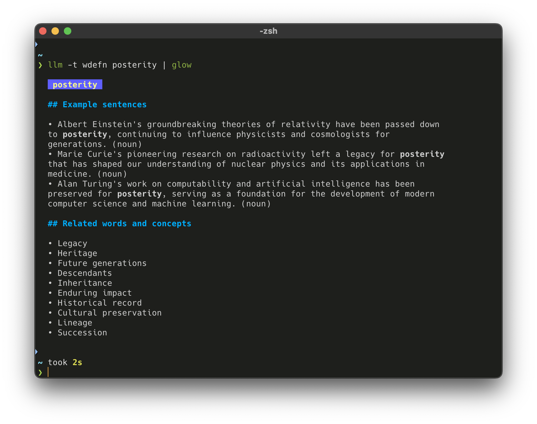 Output of the 'llm -t wdefn posterity' command displayed using glow, showing a markdown-formatted definition and usage examples for the word 'posterity'