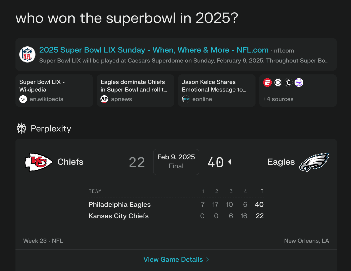 Screenshot of Perplexity's search results, showing the additional context gathered from internet search