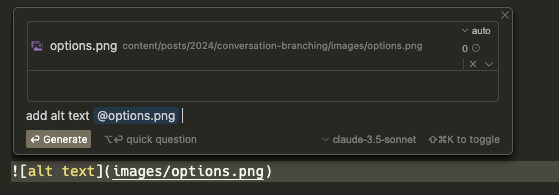 A screenshot showing a prompt to Cursor asking it to generate alt text for an image