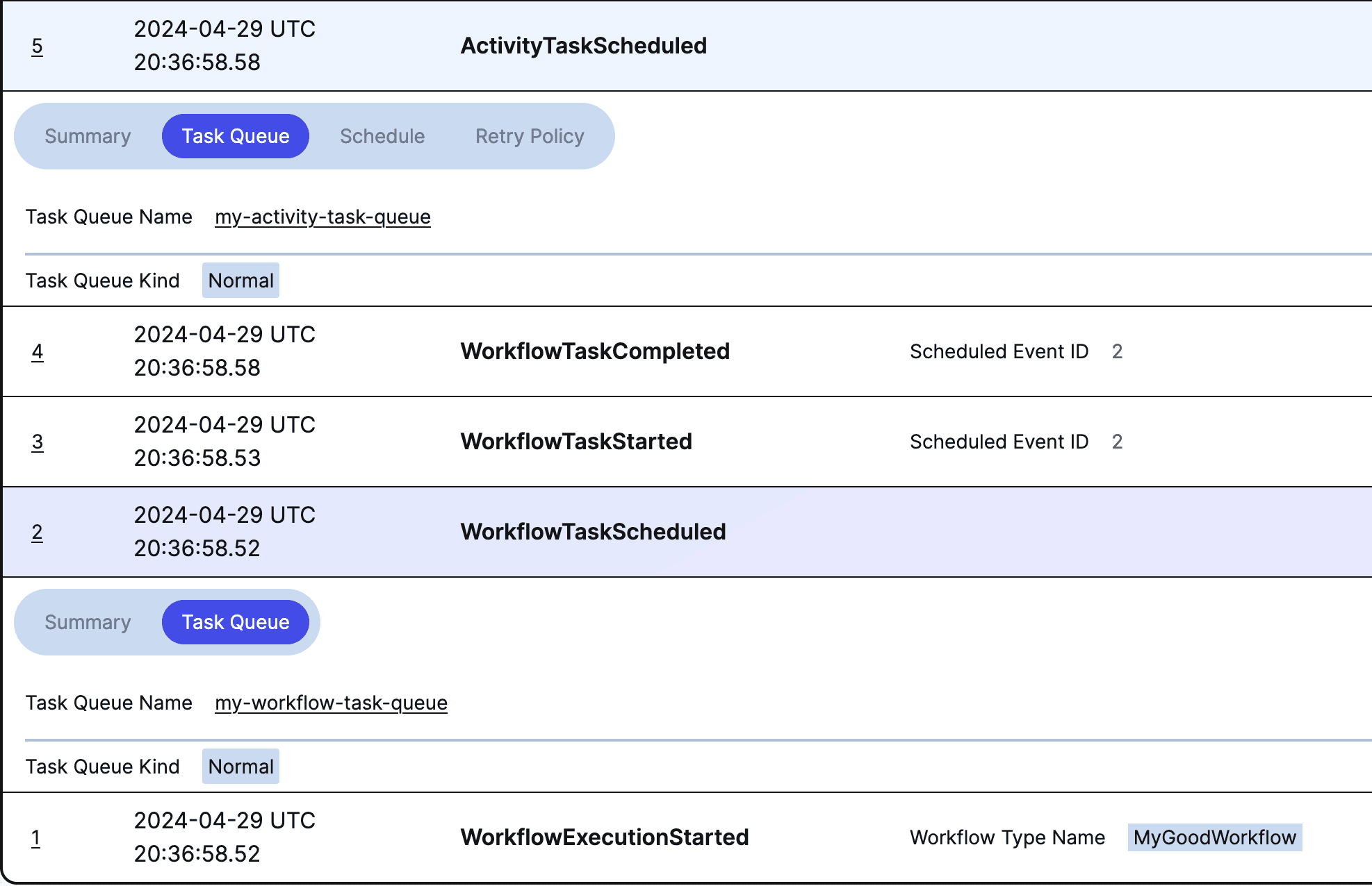 Temporal UI showing different task queue names